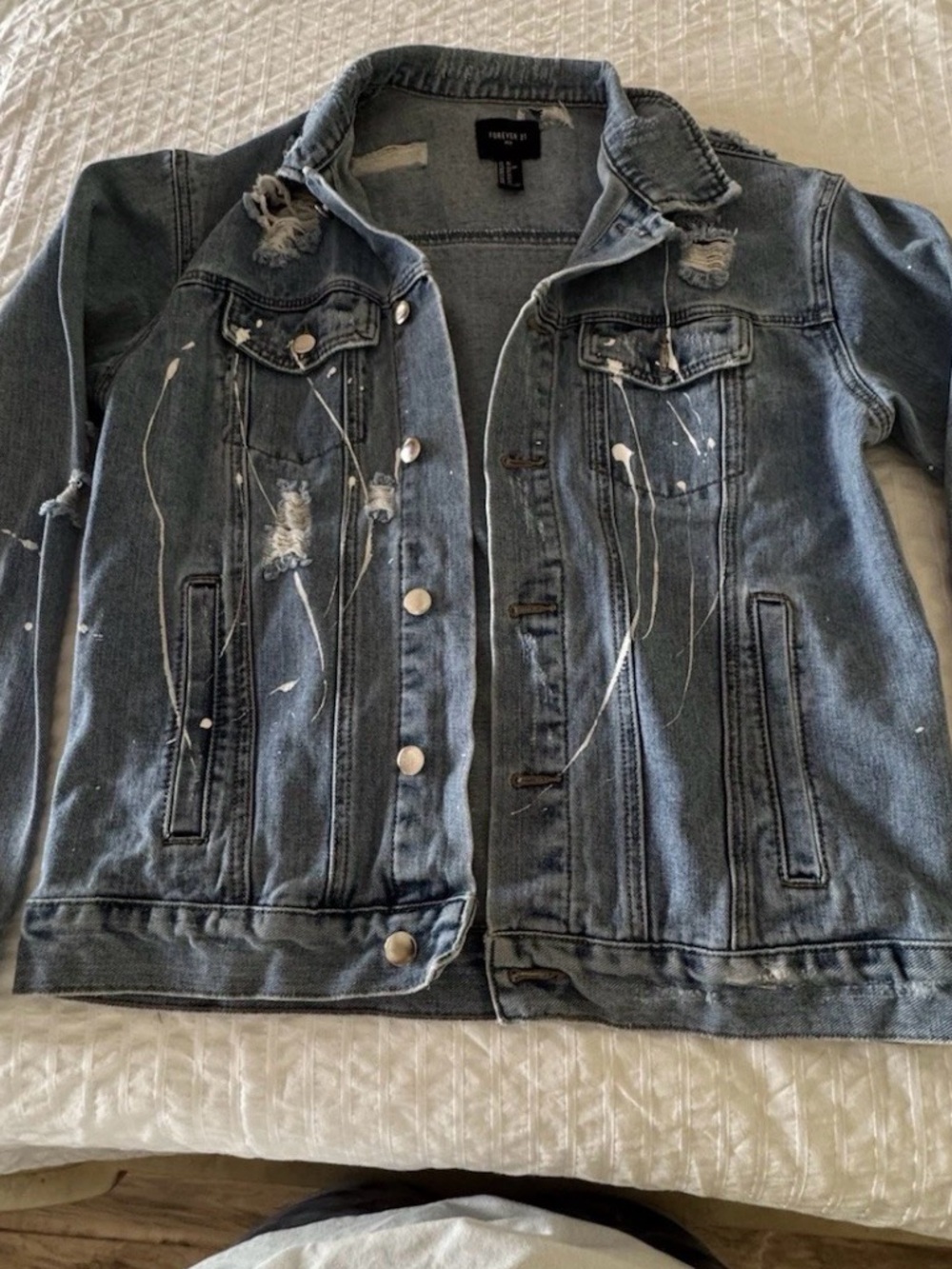 Forever 21 Medium Blue Distressed Denim Jacket with White Paint Details